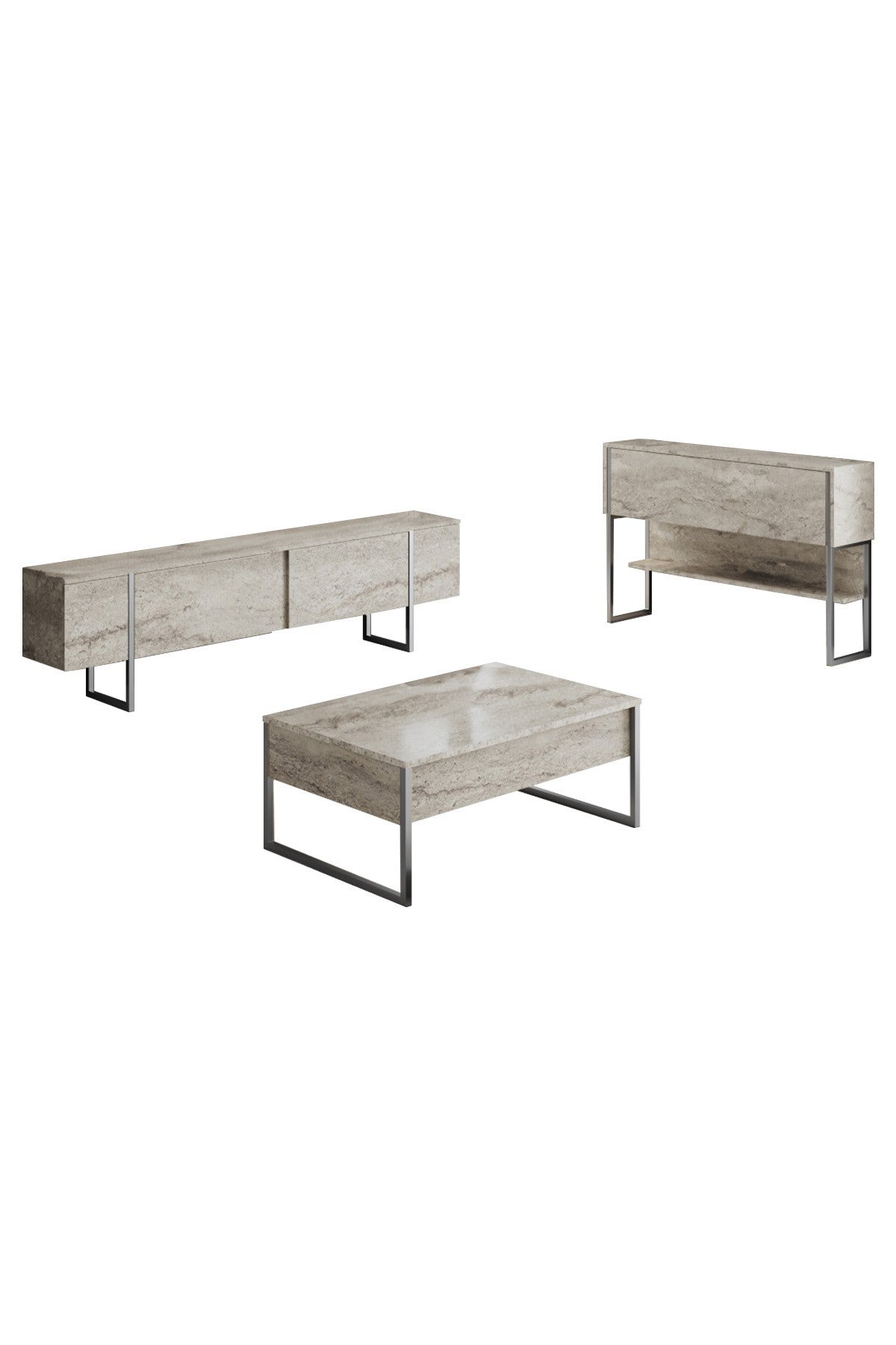 Meubelsets - Meubelset Travertin Luxe - Salontafel + TV Meubel + Dressoir - Zilver Frame - Dimehouse