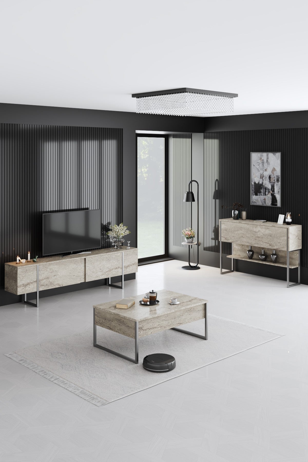 Salontafels - Rechthoekige Salontafel Travertin Luxe 90x60 - Zilver Frame - Dimehouse