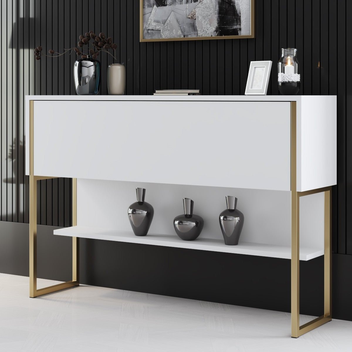 Dressoirs - Modern Dressoir Wit Luxe 120x80x30 - Gouden Frame - Eén Vak - Dimehouse