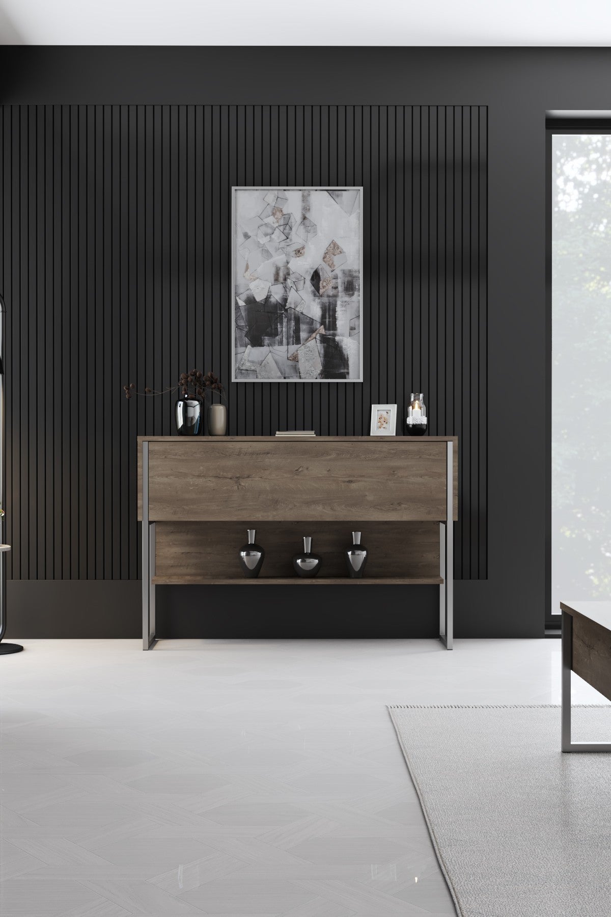 Dressoirs - Modern Dressoir Walnoot Luxe 120x80x30 - Zilver Frame - Eén Vak - Dimehouse