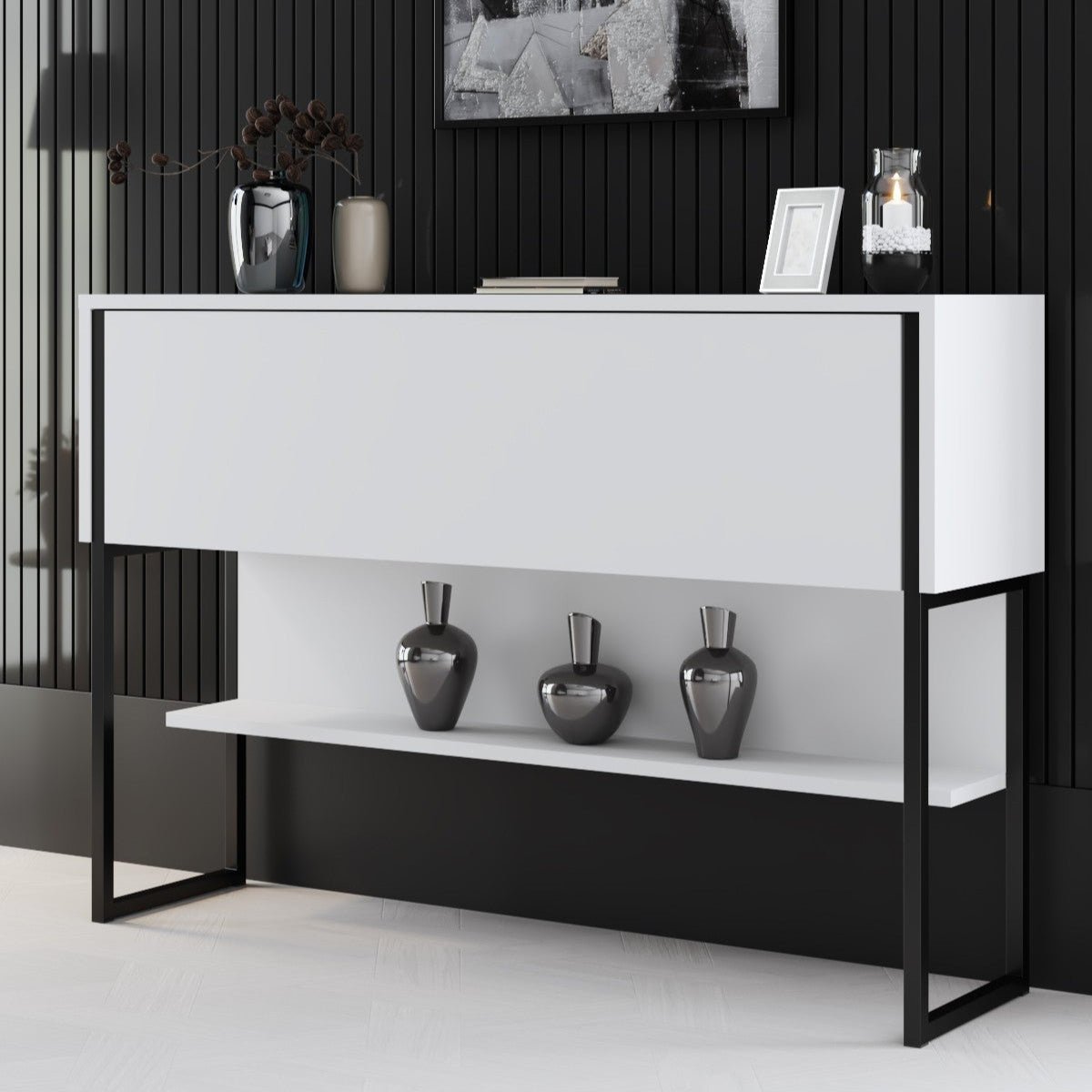 Dressoirs - Modern Dressoir Wit Luxe 120x80x30 - Zwart Frame - Eén Vak - Dimehouse
