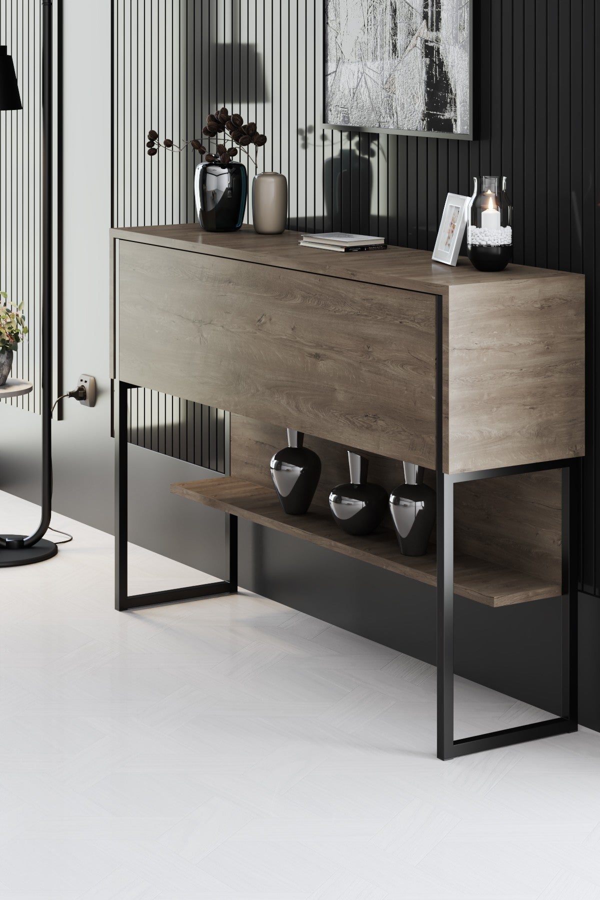 Dressoirs - Modern Dressoir Walnoot Luxe 120x80x30 - Zwart Frame - Eén Vak - Dimehouse