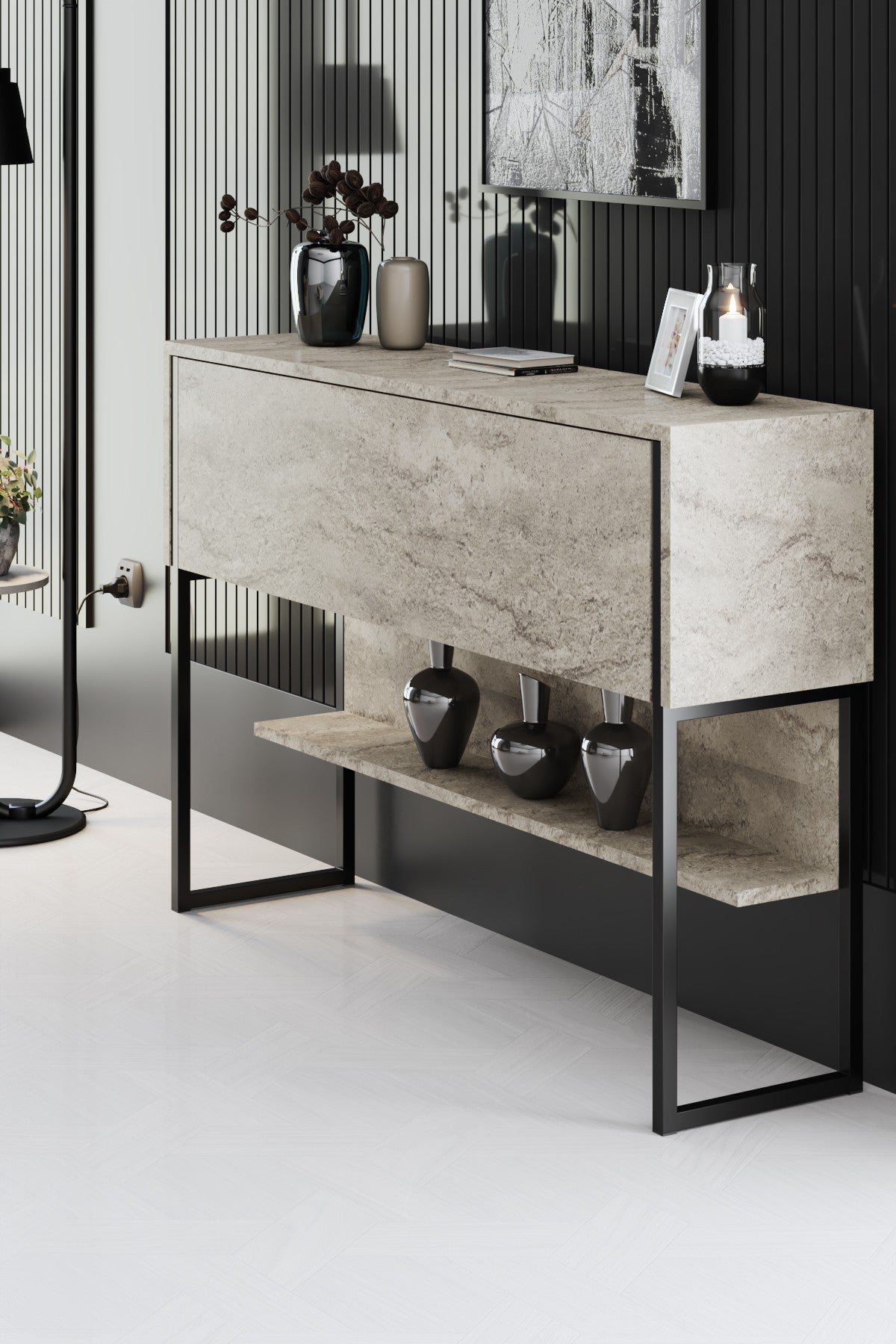 Dressoirs - Modern Dressoir Travertin Luxe 120x80x35 - Zwart Frame - Eén Vak - Dimehouse