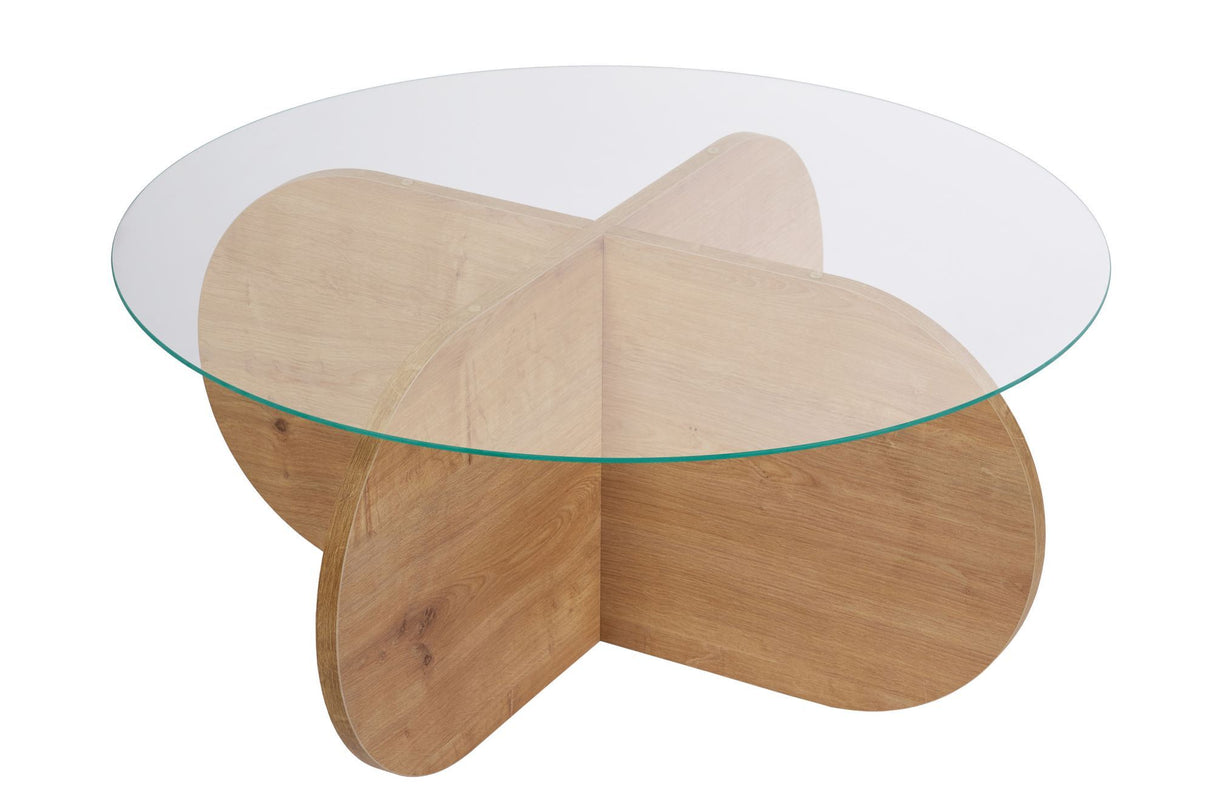 Salontafels - Ronde salontafel Aris eiken look melamine en transparant glas 75 cm - Dimehouse