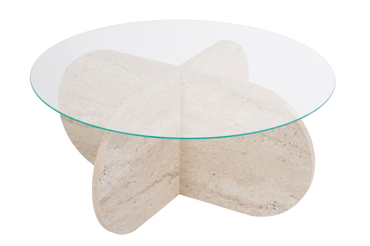 Salontafels - Ronde salontafel Aris travertin melamine en transparant glas 75 cm - Dimehouse