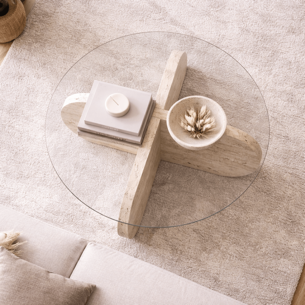 Salontafels - Ronde salontafel Aris travertin melamine en transparant glas 75 cm - Dimehouse