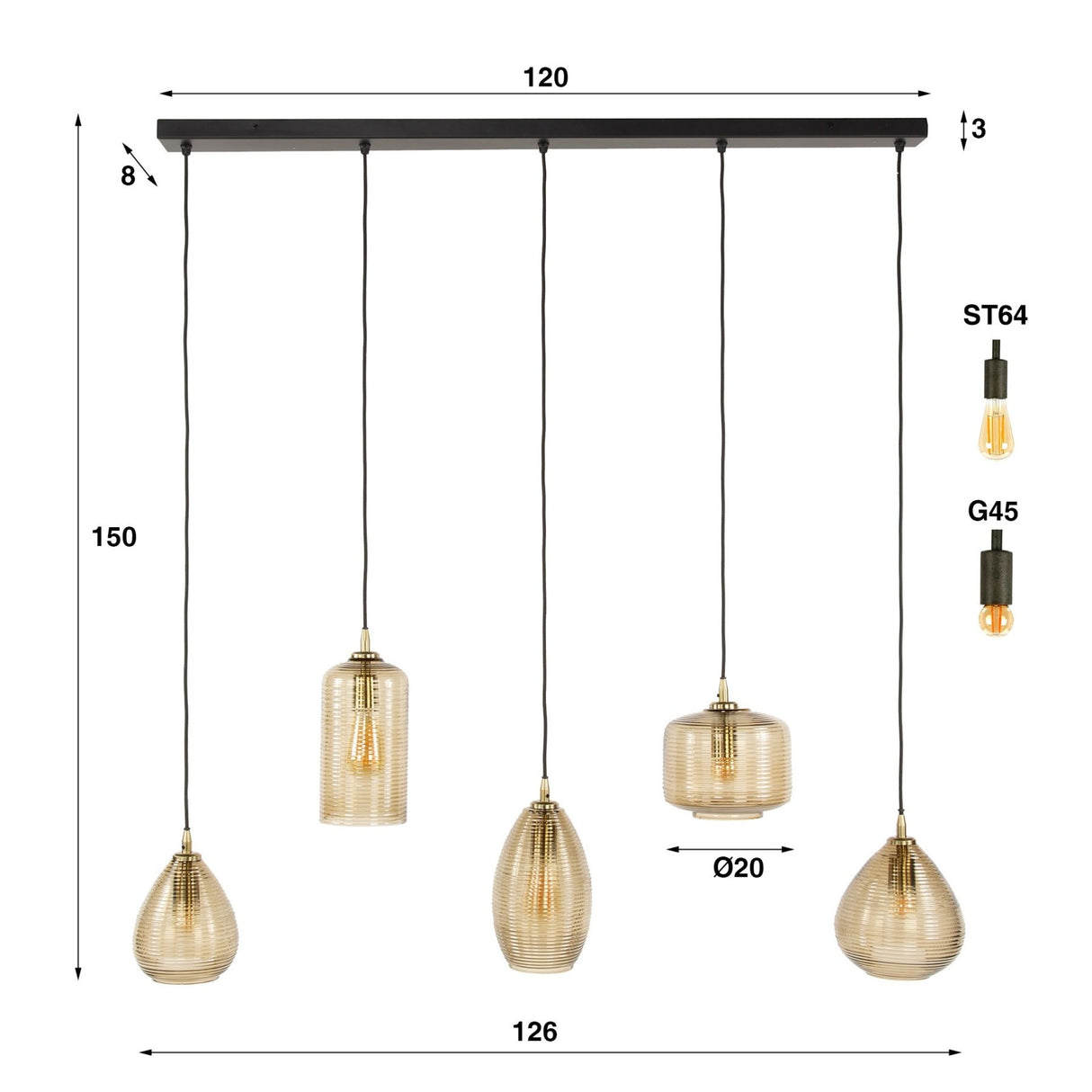 Hanglampen - Hanglamp Axis 5 - lichts rookglas bruin horizontaal - Dimehouse