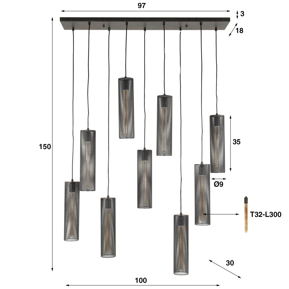 Hanglampen - Hanglamp Zavi 9 - lichts mesh zwart - Dimehouse