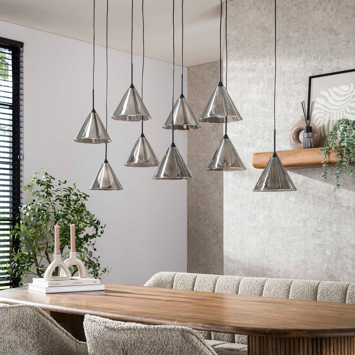 Hanglampen - Hanglamp Niaz 7 - lichts tapse kap smoke grey glas - Dimehouse