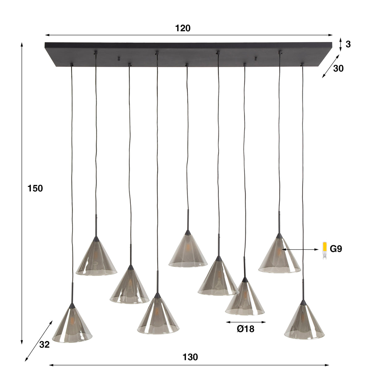 Hanglampen - Hanglamp Niaz 7 - lichts tapse kap smoke grey glas - Dimehouse