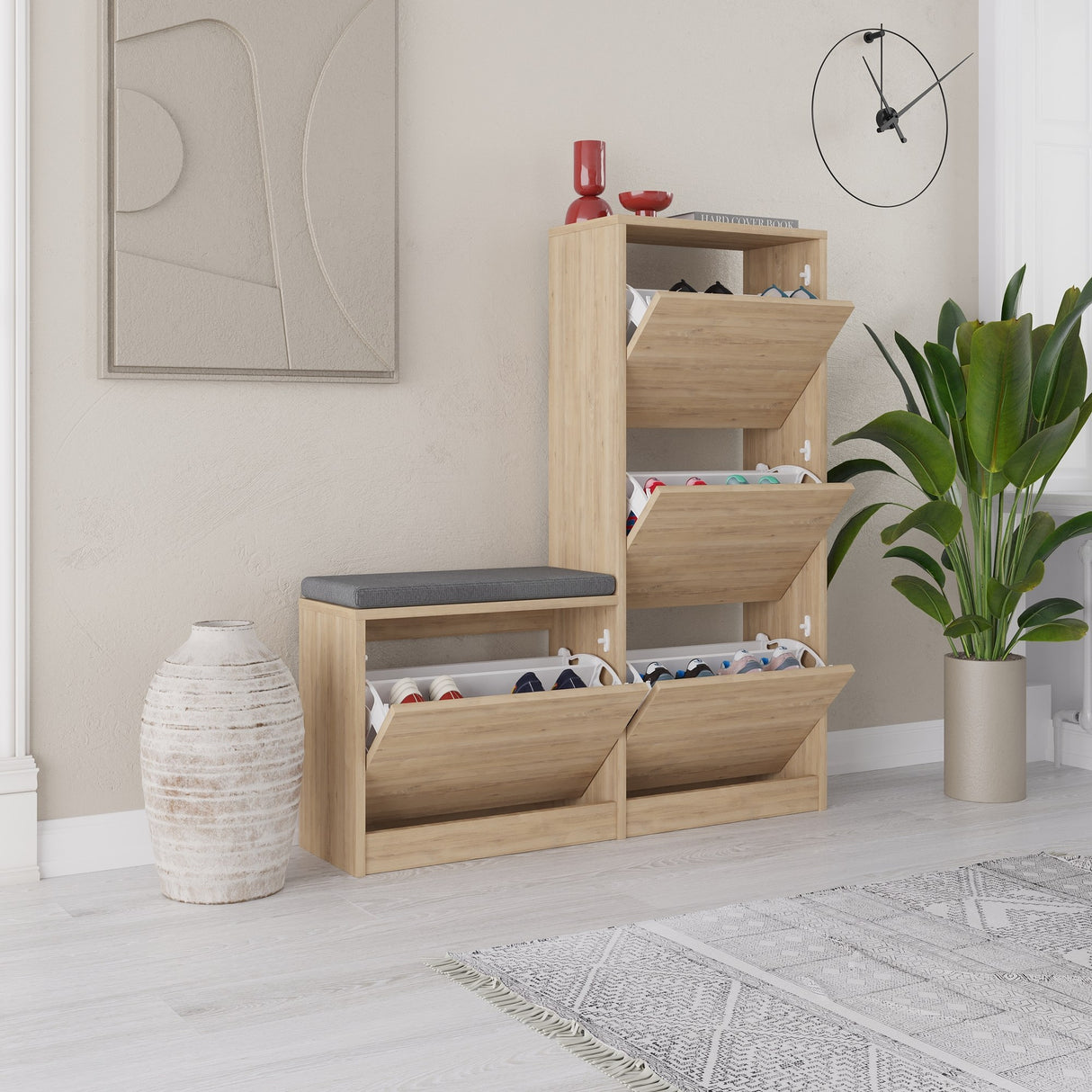 Schoenenkasten - Schoenenkast Dude Eik Melamine 105x118,5x26 cm - Dimehouse
