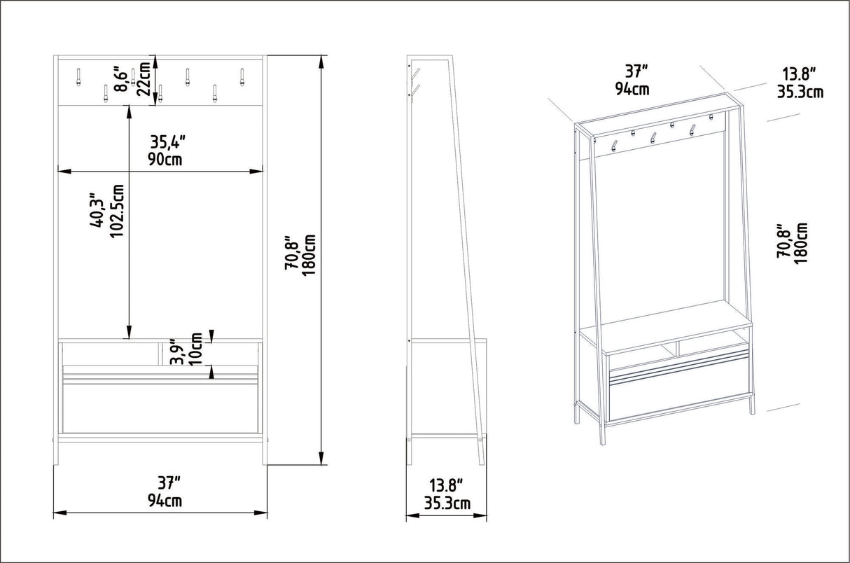 Kapstokken - Garderobemeubel Kapstok Walnoot Melamine Devon - Met Vakken en Lade - Dimehouse