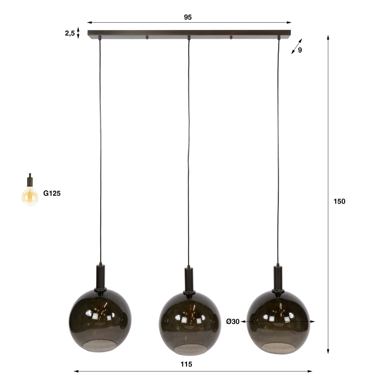 Hanglampen - Hanglamp 3 - lichts bruin glas zwart metaal Valeo 115 cm - Dimehouse