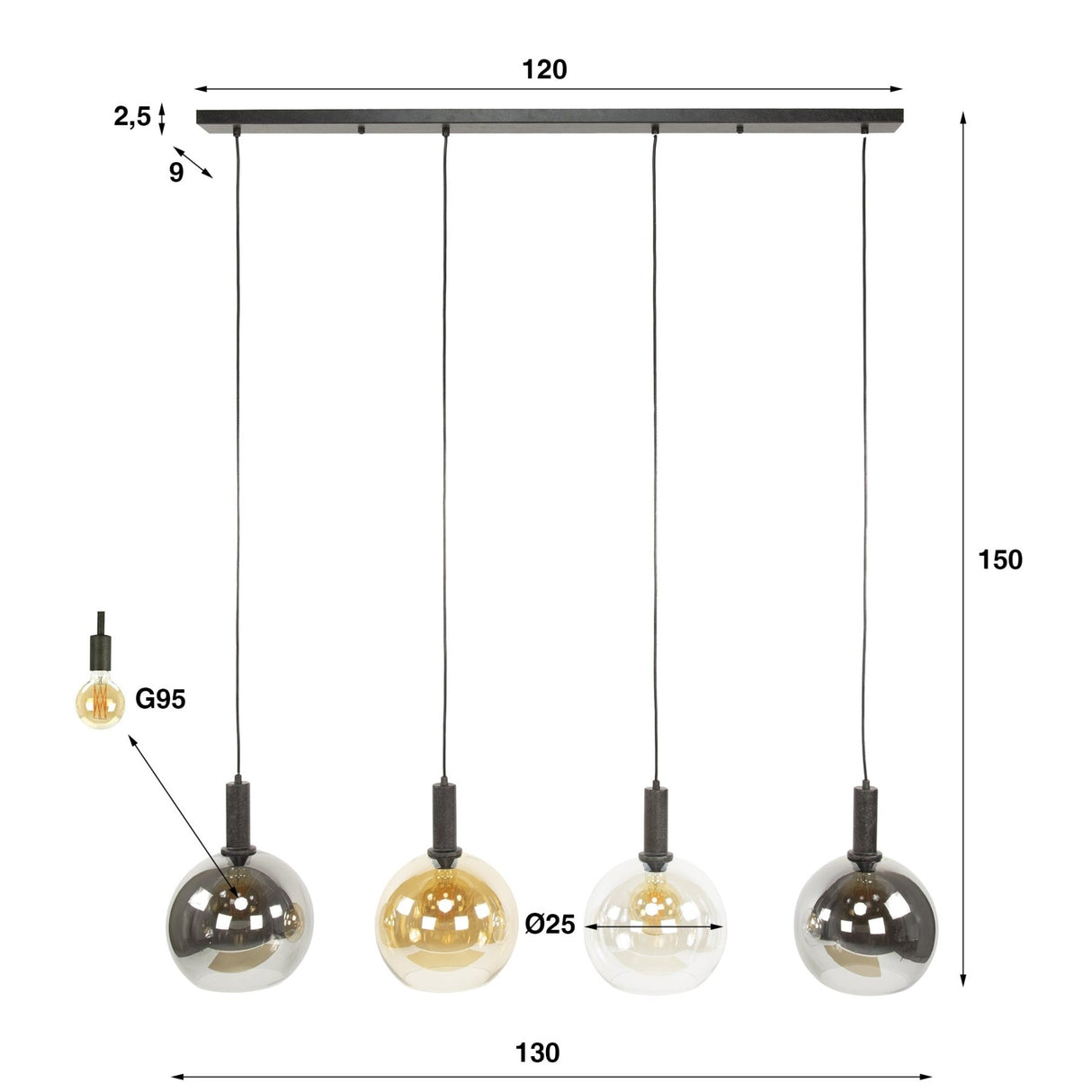 Hanglampen - Hanglamp 4 - lichts gekleurd glas zwart metaal Valeo 135 cm - Dimehouse