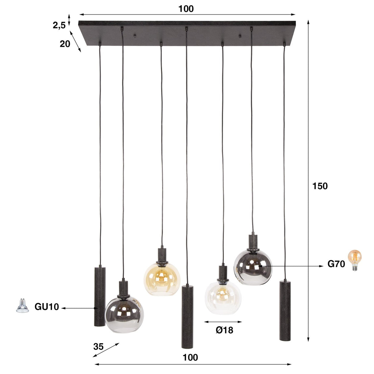 Hanglampen - Hanglamp 7 - lichts gekleurd glas zwart metaal Valeo 110 cm - Dimehouse