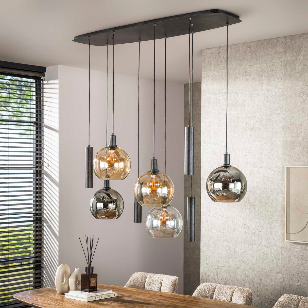 Hanglampen - Hanglamp 9 - lichts gekleurd glas zwart metaal Valeo 110 cm - Dimehouse