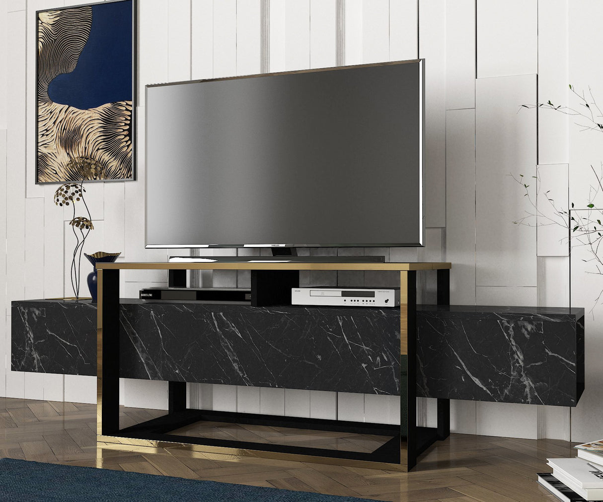 TV Meubels - TV Meubel Bianco Zwart Goud Melamine 160x49,8x46,1 cm - Dimehouse