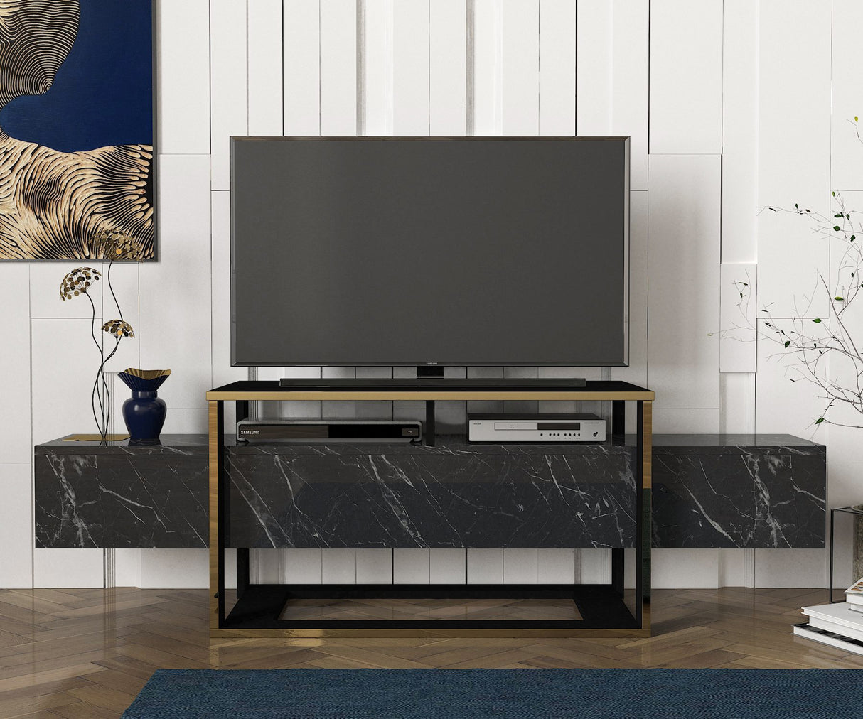 TV Meubels - TV Meubel Bianco Zwart Goud Melamine 160x49,8x46,1 cm - Dimehouse