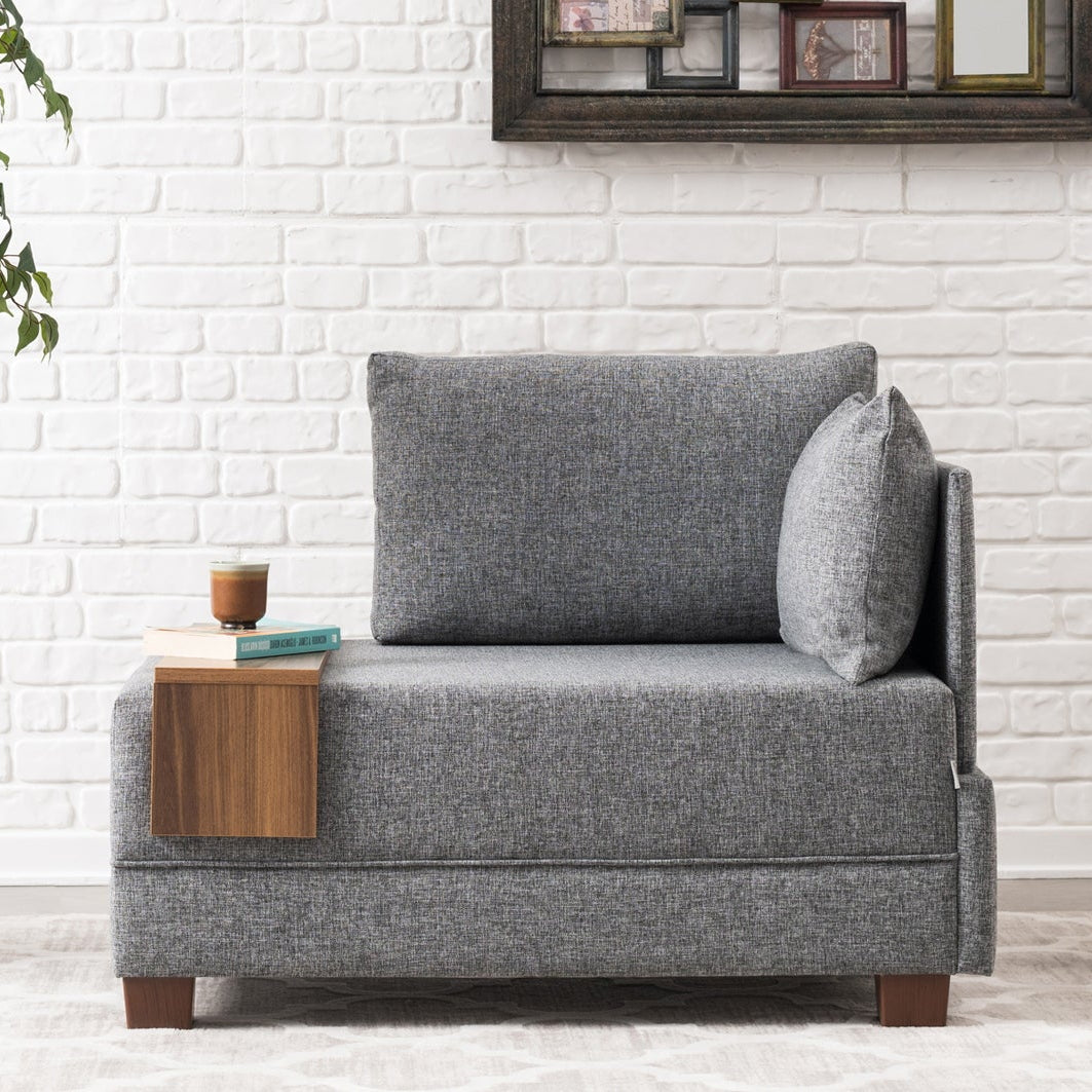 Fauteuils - Moderne Fauteuil Grijs Stof Fly - Rechts - Met Houten Tafeltje - Dimehouse