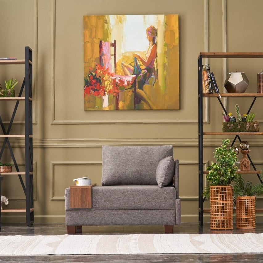 Fauteuils - Moderne Fauteuil Bruin Stof Fly - Rechts - Met Houten Tafeltje - Dimehouse