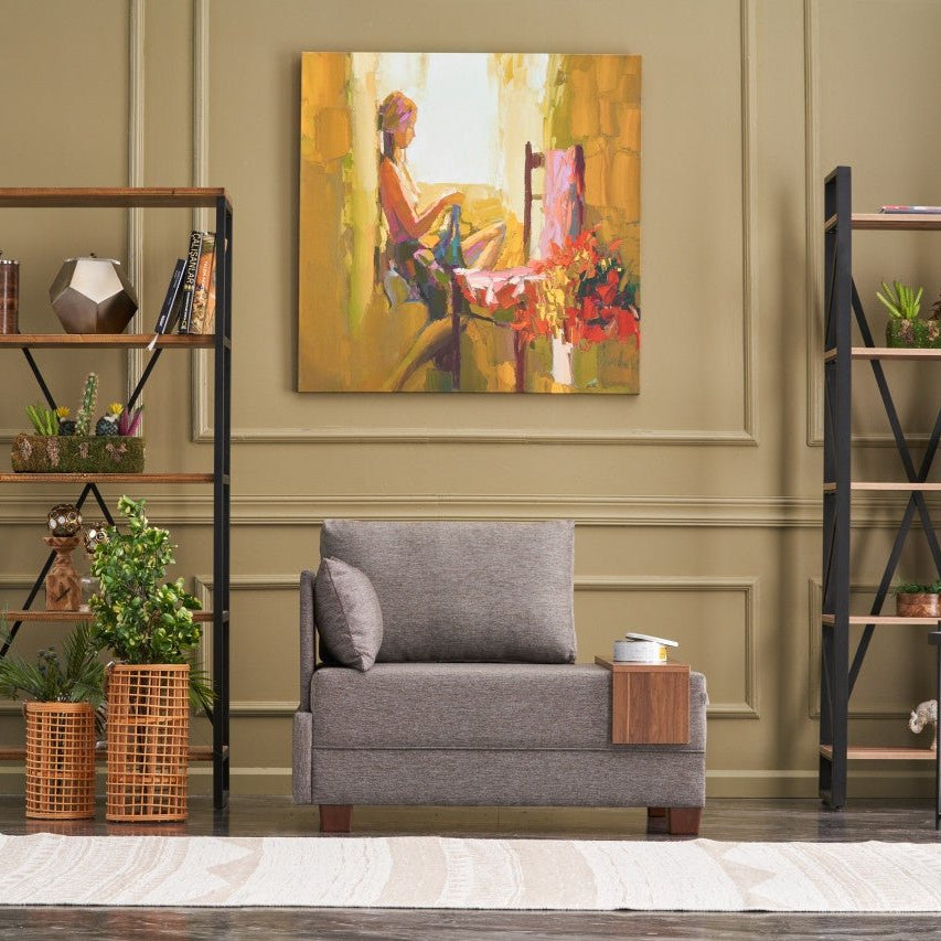 Fauteuils - Moderne Fauteuil Bruin Stof Fly - Links - Met Houten Tafeltje - Dimehouse