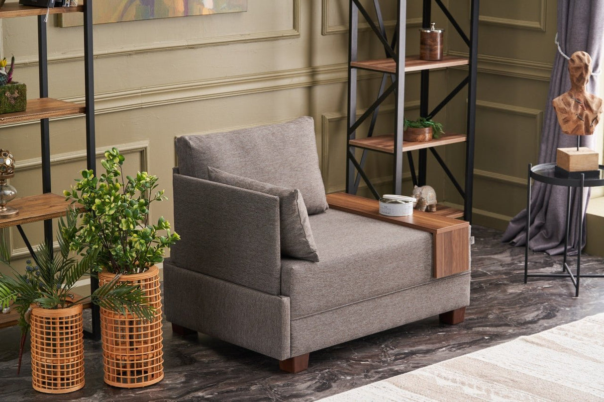 Fauteuils - Moderne Fauteuil Bruin Stof Fly - Links - Met Houten Tafeltje - Dimehouse