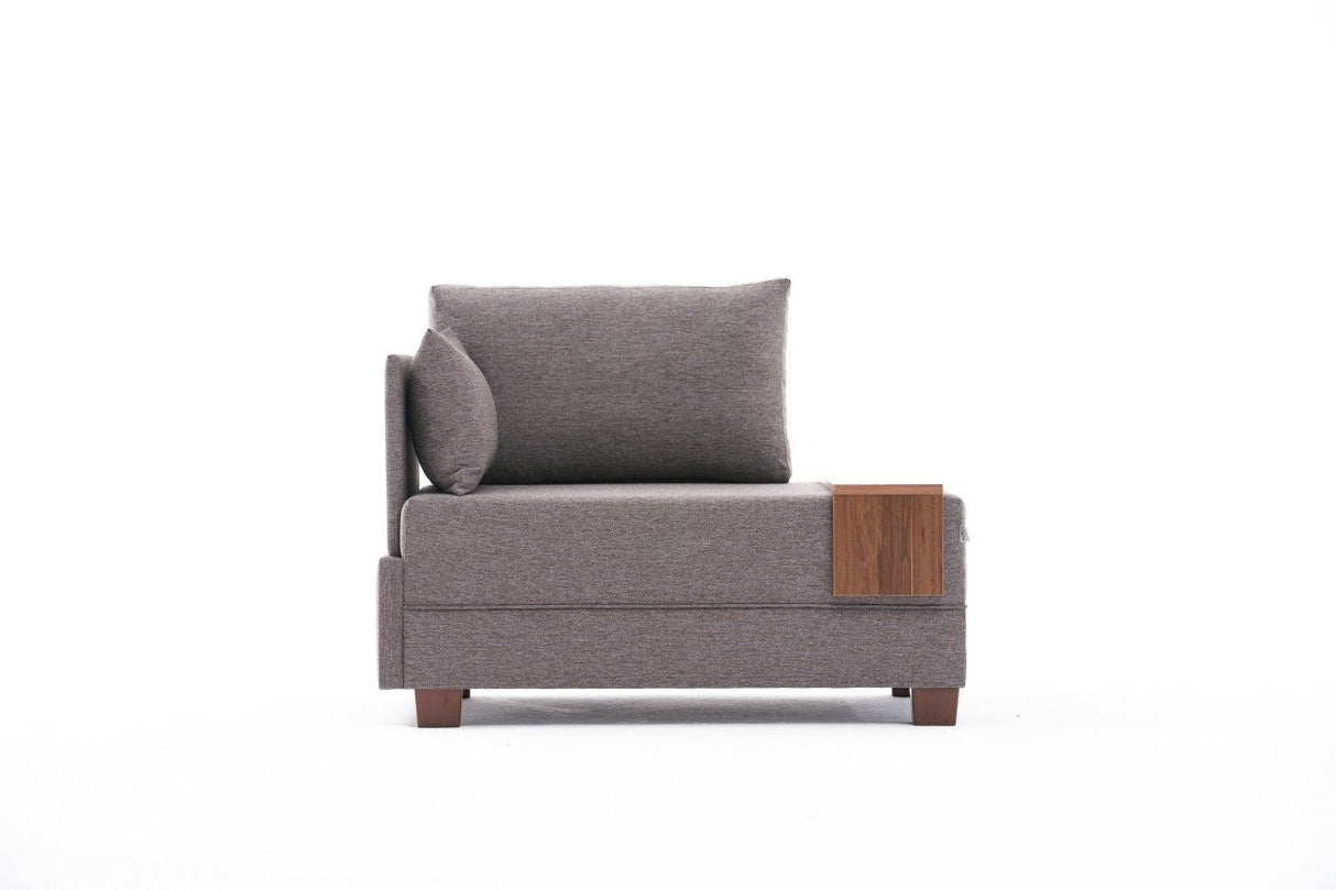 Fauteuils - Moderne Fauteuil Bruin Stof Fly - Links - Met Houten Tafeltje - Dimehouse