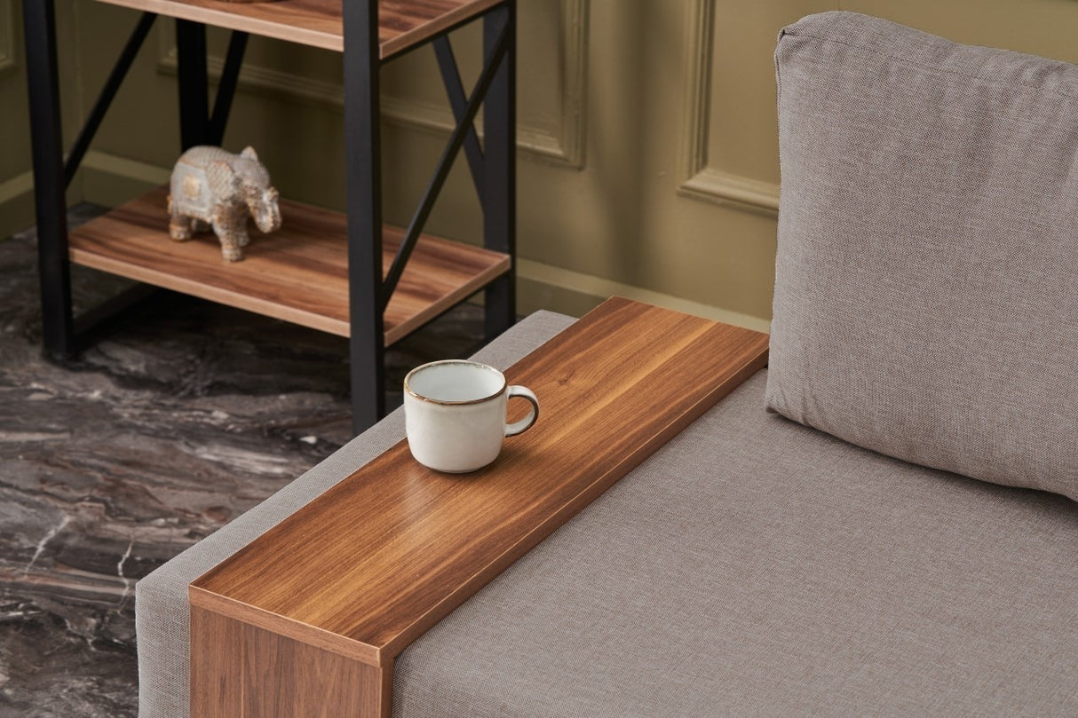 Fauteuils - Moderne Fauteuil Beige Stof Fly - Rechts - Met Houten Tafeltje - Dimehouse