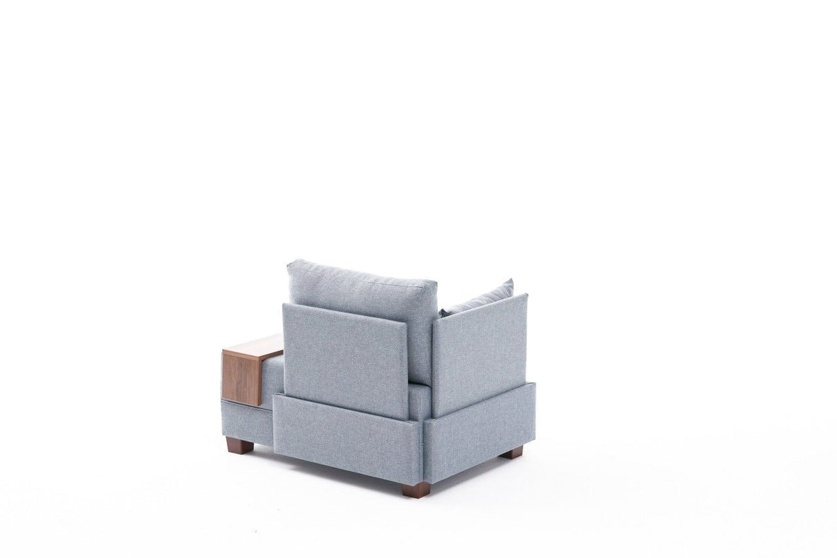 Fauteuils - Moderne Fauteuil Blauw Stof Fly - Links - Met Houten Tafeltje - Dimehouse