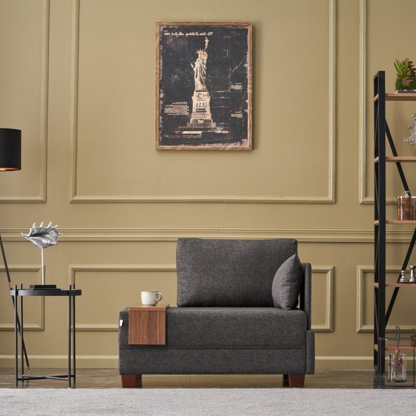 Fauteuils - Moderne Fauteuil Antraciet Stof Fly - Rechts - Met Houten Tafeltje - Dimehouse