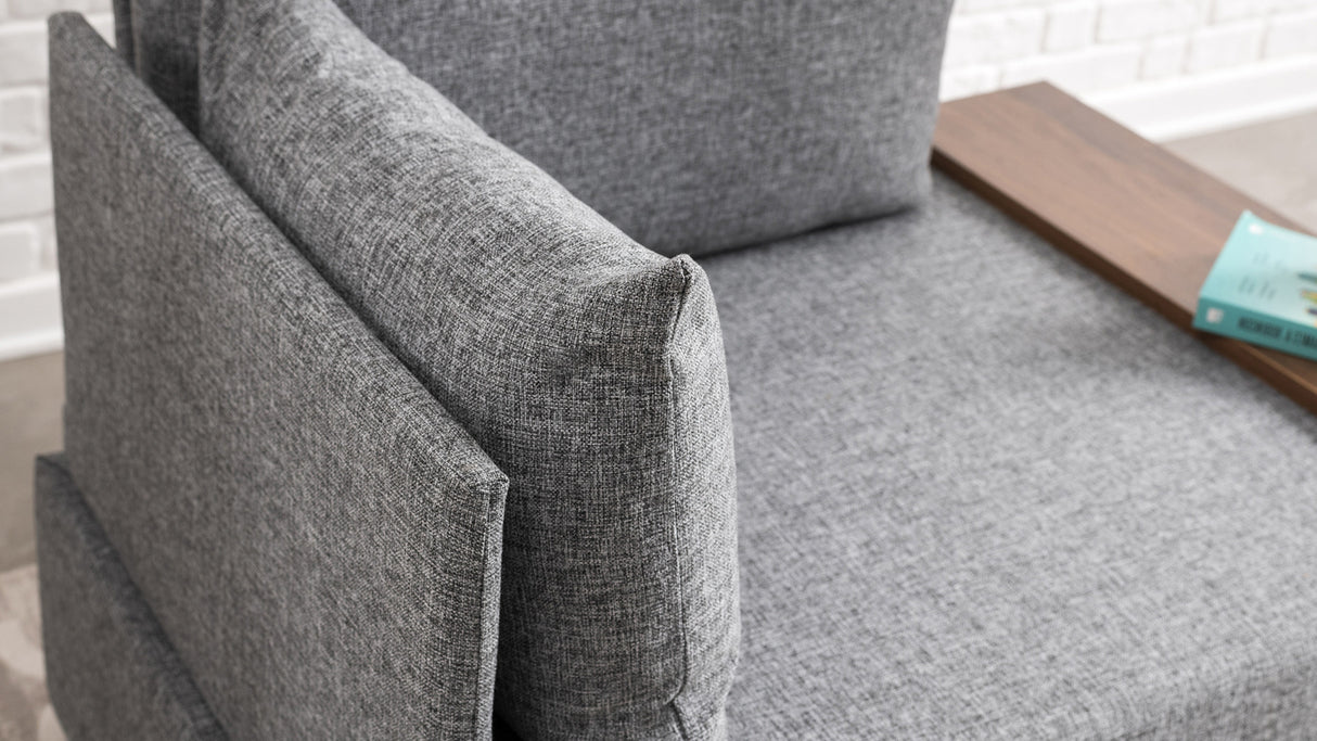Fauteuils - Moderne Fauteuil Grijs Stof Fly - Links - Met Houten Tafeltje - Dimehouse