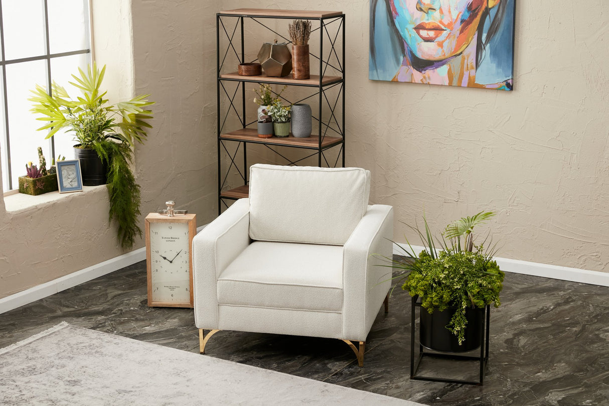 Fauteuils - Moderne fauteuil crème bouclé stof met gouden stoelpoten Berlin - Dimehouse