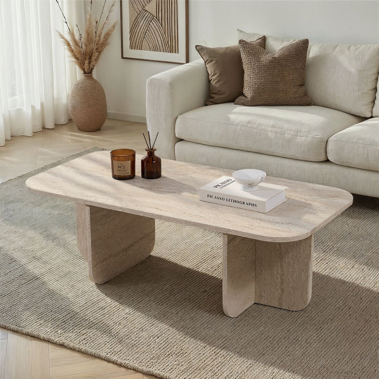 Akira Couchtisch Travertin 120 cm Melaminbeschichteter Holzverbundstoff