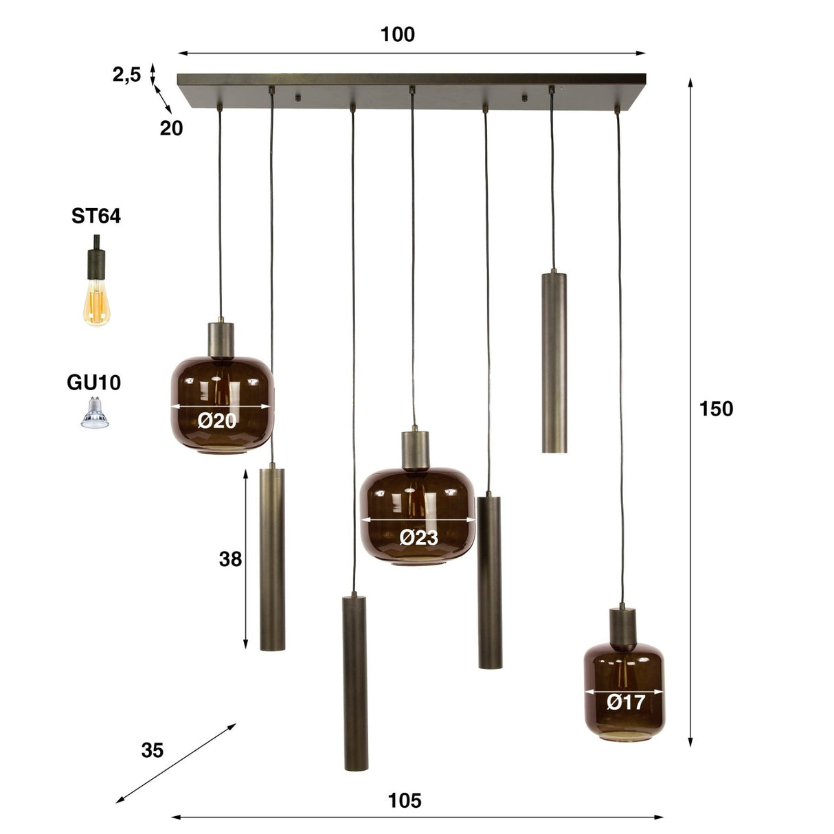 Hanglampen - Hanglamp Dax 7 - lichts brons 105 cm - Dimehouse