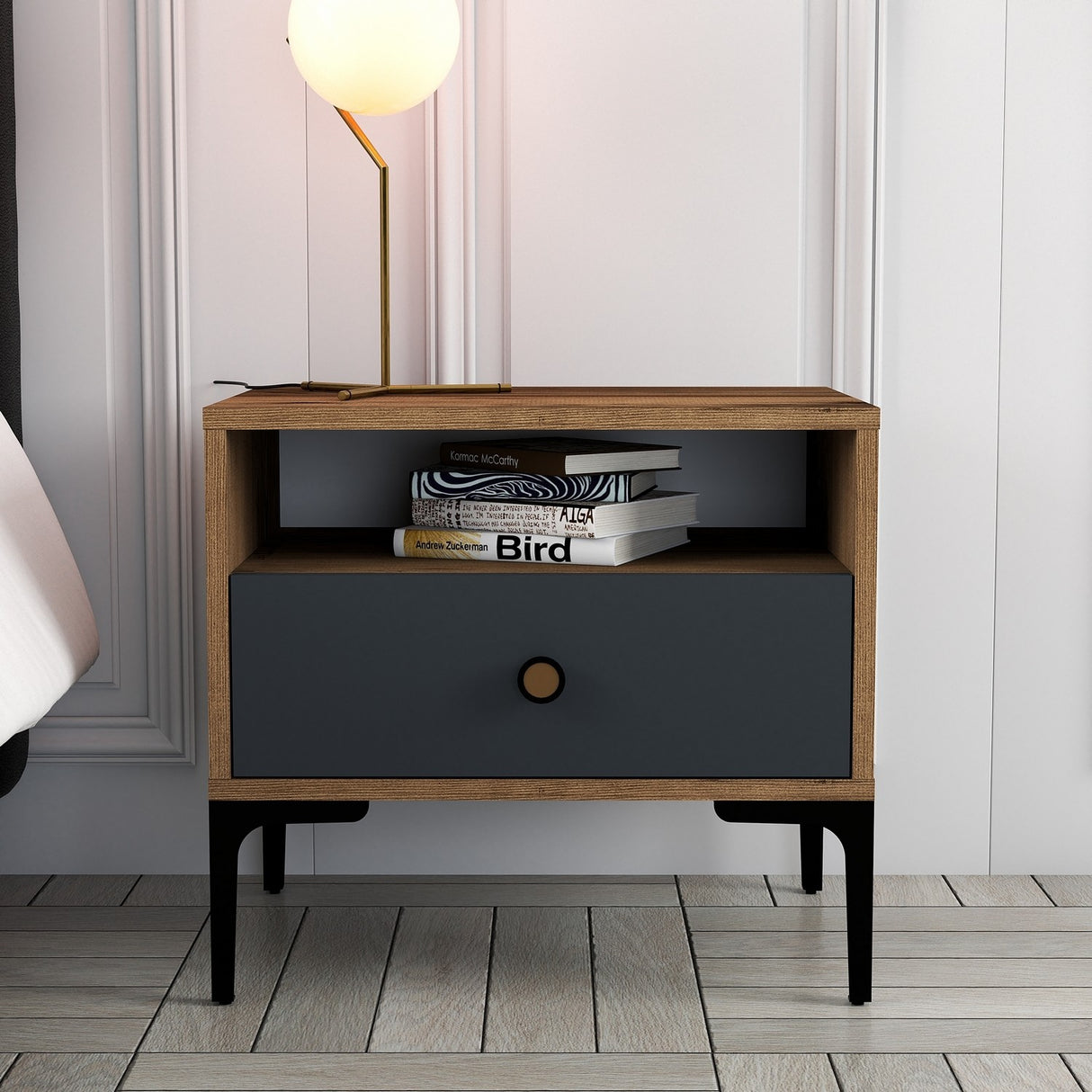 Nachtkastjes - Nachtkastje Lizbon Walnoot Antraciet Melamine 56x50,8x40 cm - Dimehouse