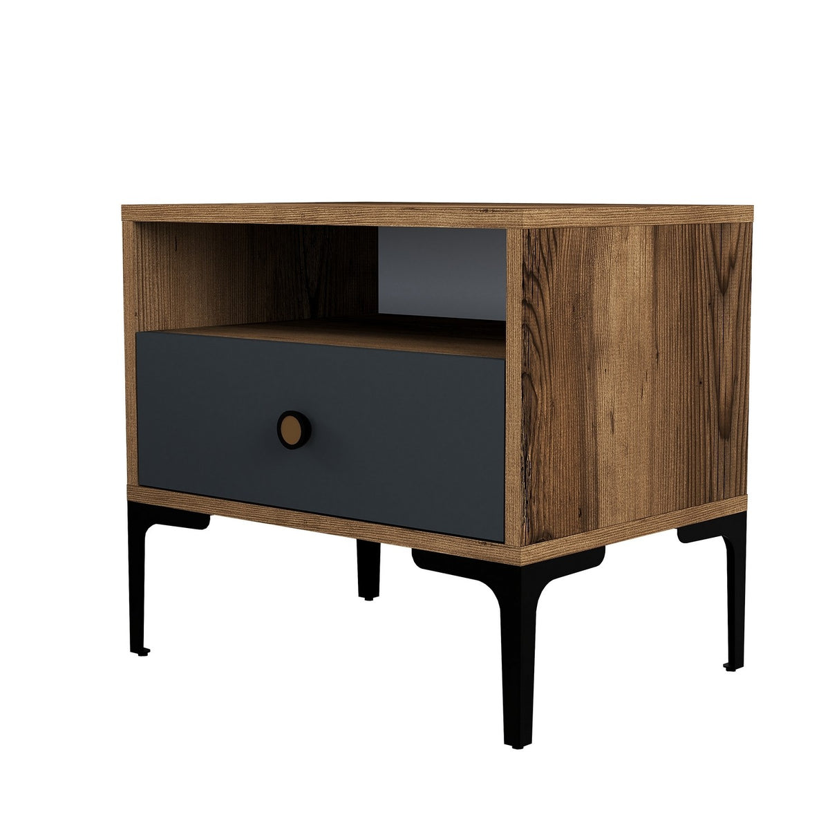 Nachtkastjes - Nachtkastje Lizbon Walnoot Antraciet Melamine 56x50,8x40 cm - Dimehouse