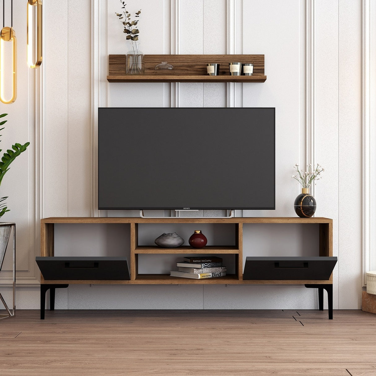 TV Meubels - TV Meubel Set Riga Walnoot Antraciet Melamine 140x48x30 cm - Dimehouse