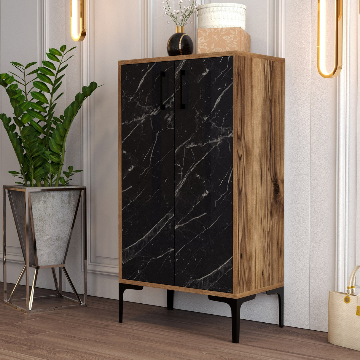 Schoenenkasten - Schoenenkast Prag Walnoot Zwart Melamine 60x111x35 cm - Dimehouse