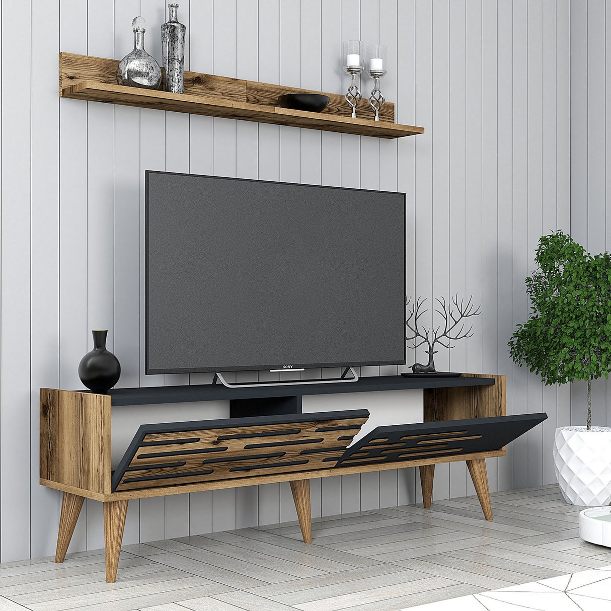 TV Meubels - TV Meubel Set Valensiya Walnoot Antraciet Melamine 140x35x45 cm - Dimehouse