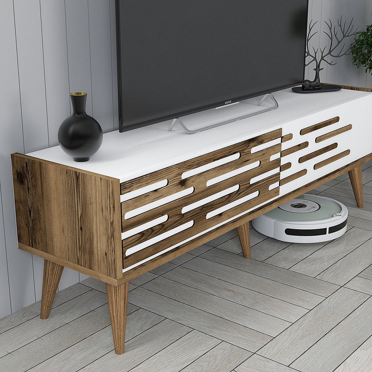 TV Meubels - TV Meubel Set Valensiya Walnoot Wit Melamine 140x35x45 cm - Dimehouse
