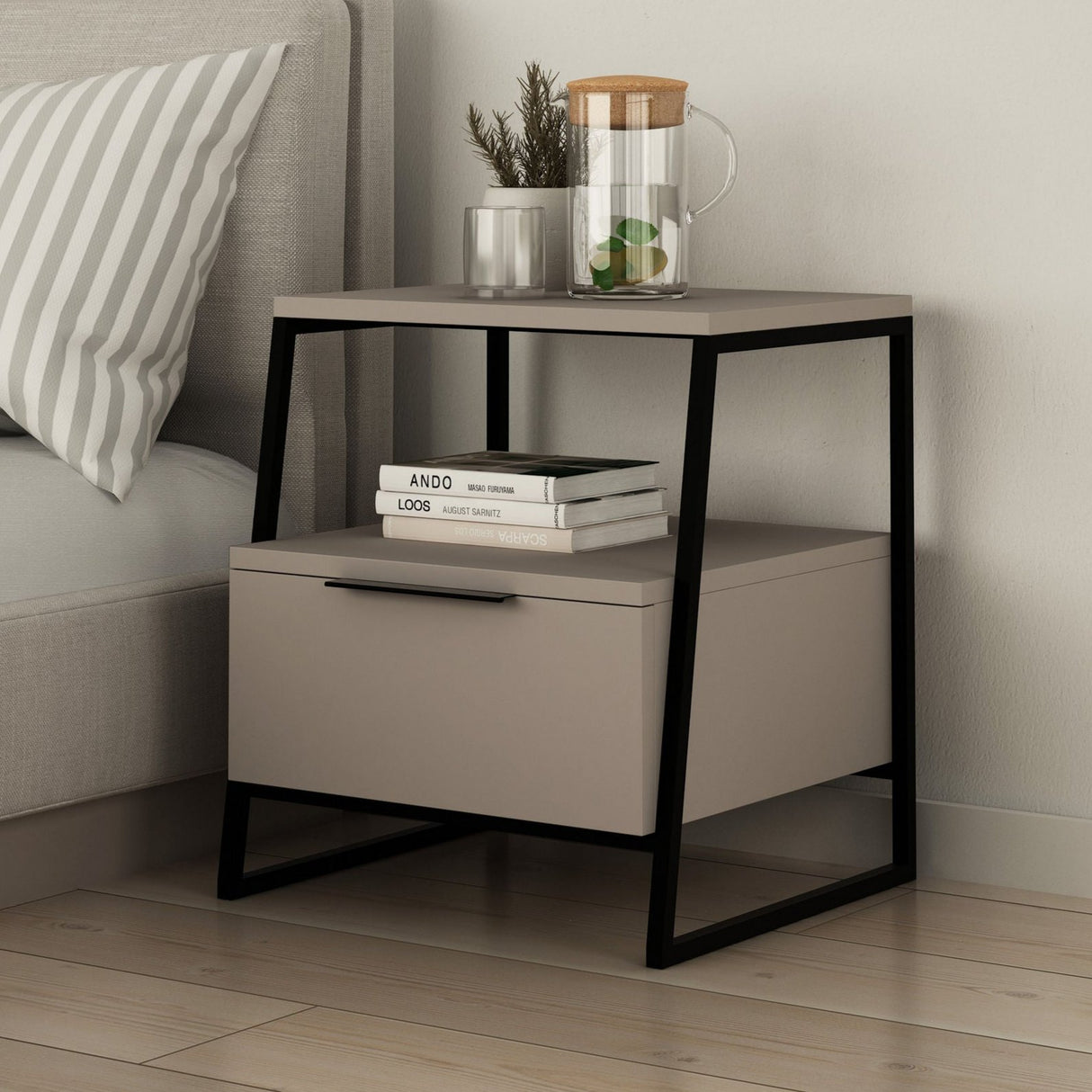 Nachtkastjes - Nachtkastje Pal Mokka Zwart Melamine 45x50x41 cm - Dimehouse