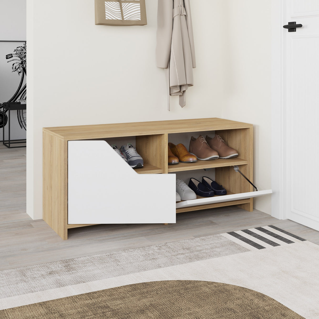 Schoenenkasten - Schoenenkast Nexus Eik Wit Melamine 105x47x37 cm - Dimehouse