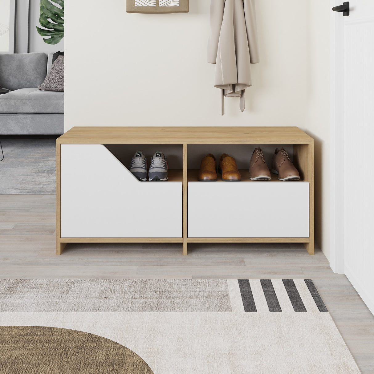 Schoenenkasten - Schoenenkast Nexus Eik Wit Melamine 105x47x37 cm - Dimehouse