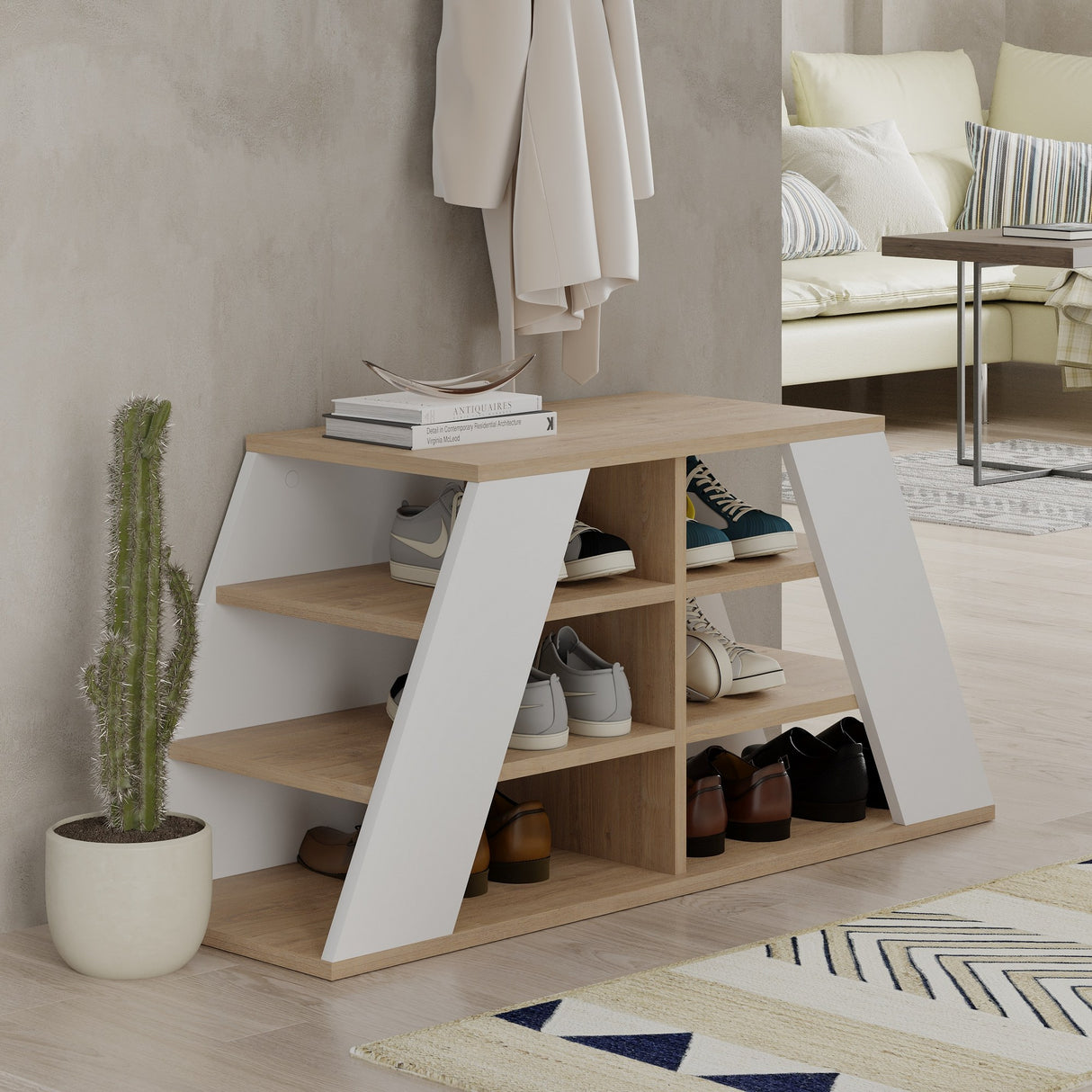 Schoenenkasten - Schoenenkast Pyramid Eik Wit Melamine 105,5x50x37,5 cm - Dimehouse