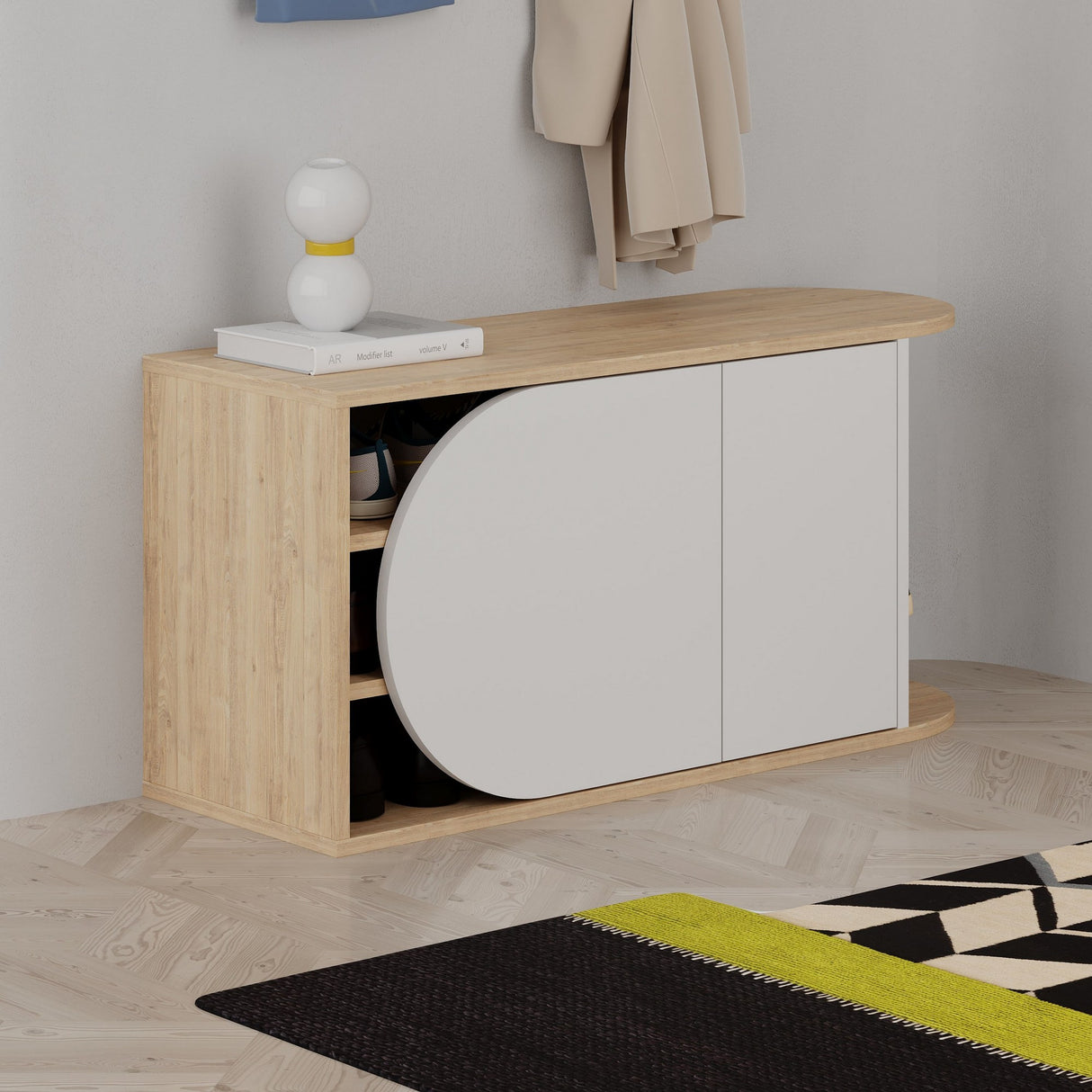 Schoenenkasten - Schoenenkast Nova Shoe Bench Eik Wit Melamine 104x50x37 cm - Dimehouse