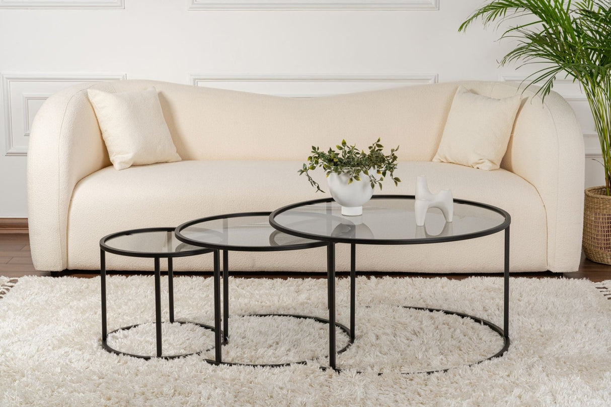 Salontafels - Moderne Salontafel Set van 3 Uru Zwart - Grijs Glas - 80/60/42 cm - Dimehouse