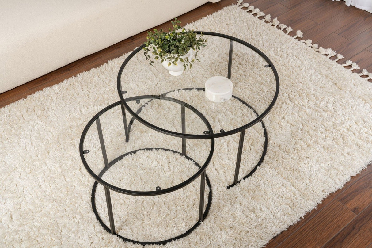 Salontafels - Moderne Ronde Salontafel Set van 2 Uru Zwart - Transparant Glas - 80/60 cm - Dimehouse