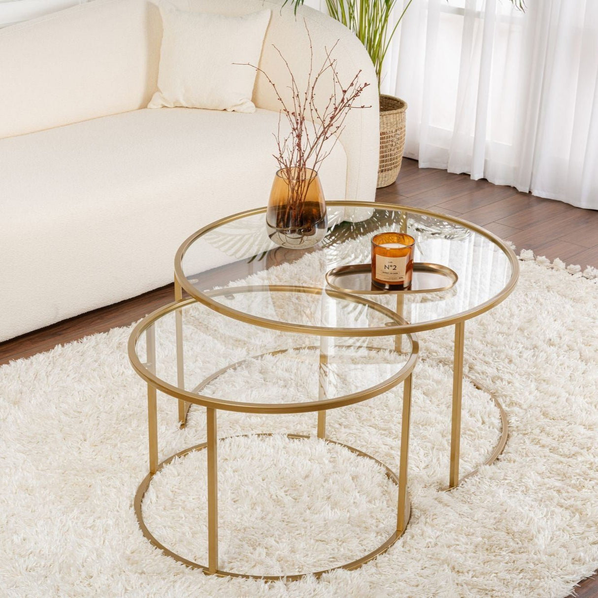 Salontafels - Moderne Ronde Salontafel Set van 2 Uru Goud - Transparant Glas - 80/60 cm - Dimehouse