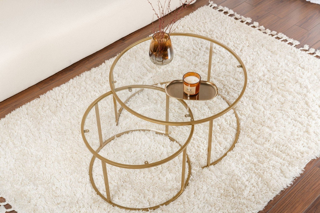 Salontafels - Moderne Ronde Salontafel Set van 2 Uru Goud - Transparant Glas - 80/60 cm - Dimehouse