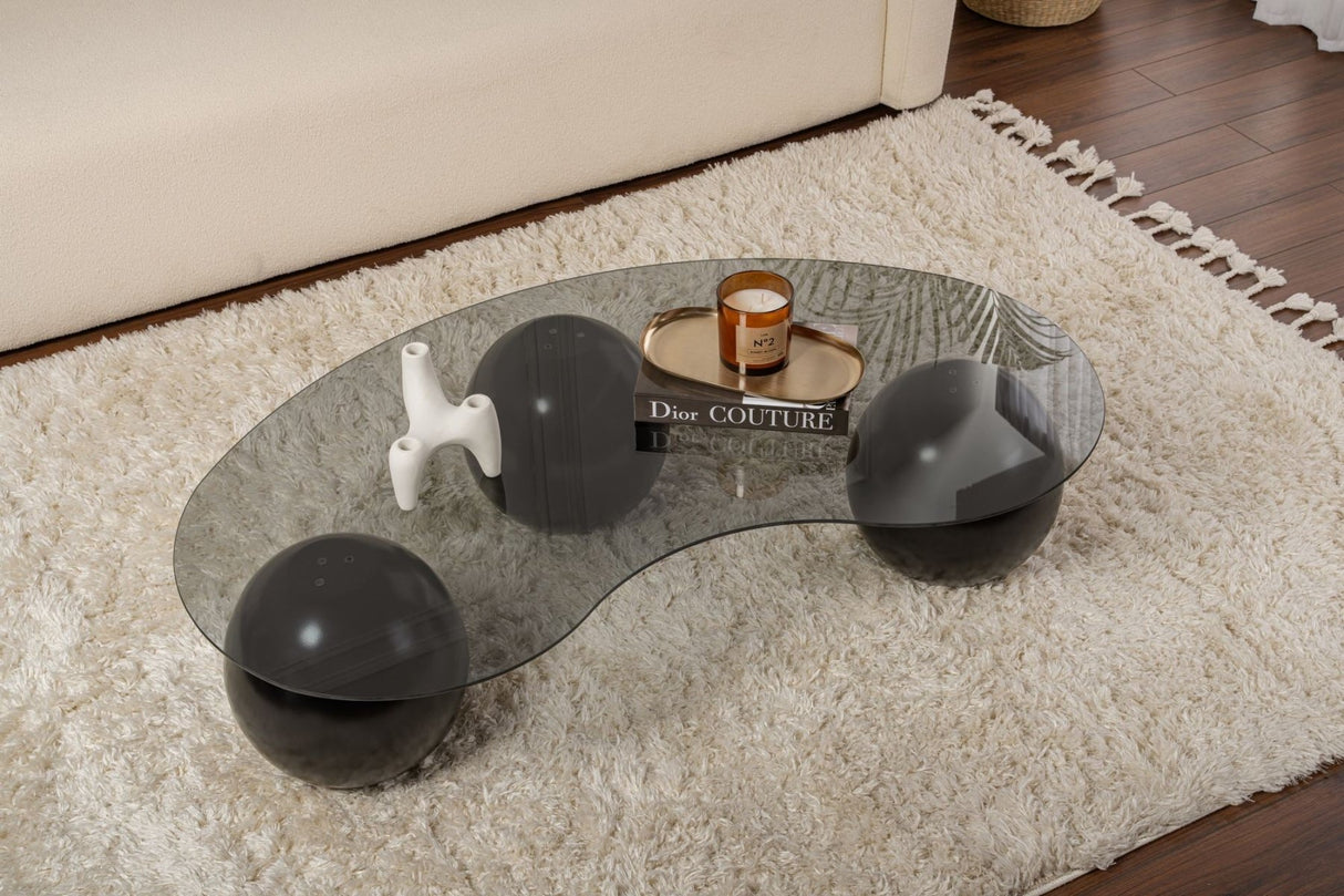 Salontafels - Organische salontafel grijs getint glas zwarte bolpoten Sphere 120x70 cm - Dimehouse